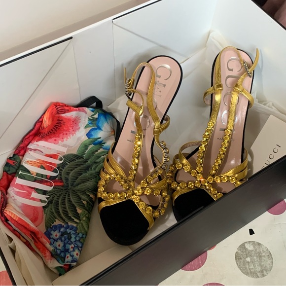 GUCCI Zephyra Crystal Embellished Ankle Strap Sandals Block Heel pump 38.5 sz 8 - Picture 8 of 15